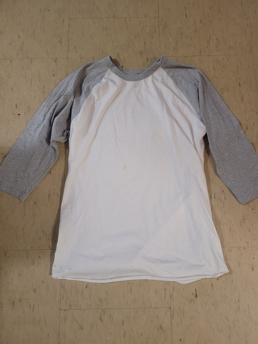 Stained American Apparel White Body with Gray Raglan Sleeves Long Sleeve Tee